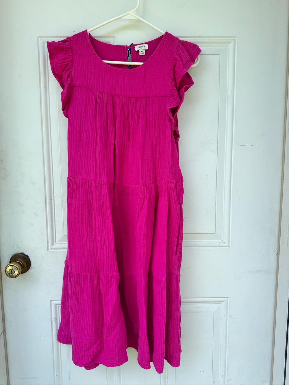J. Crew Bright Fuchsia Tiered Ruffle-Sleeve Dress